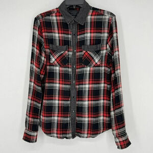 Guess Shirt Men's Sz XS Red Black Plaid Snap Front Pockets Button Up Long Sleeve